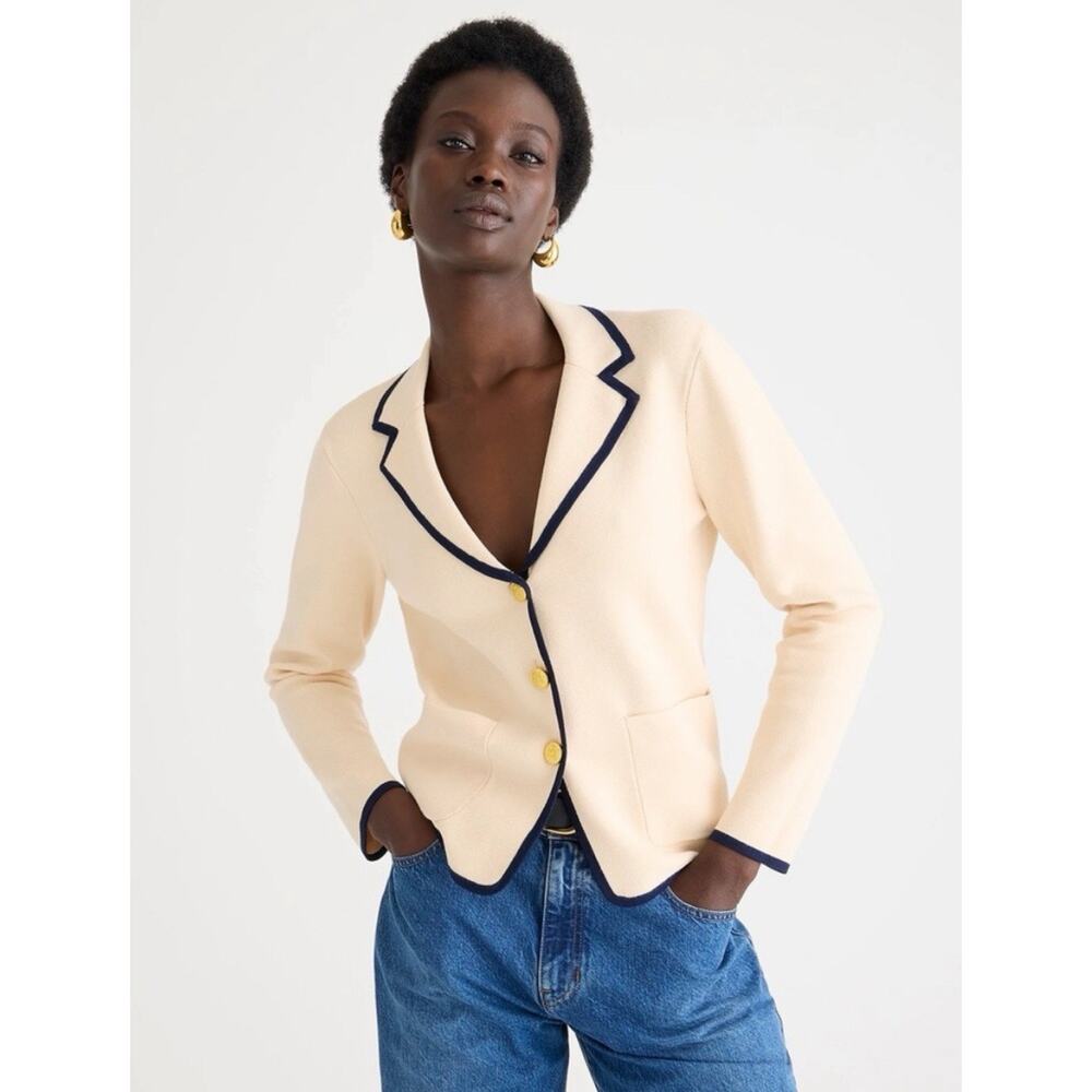 J.Crew Contrast Trim Waisted Sweater Blazer Champagne Gold Buttons Preppy Small